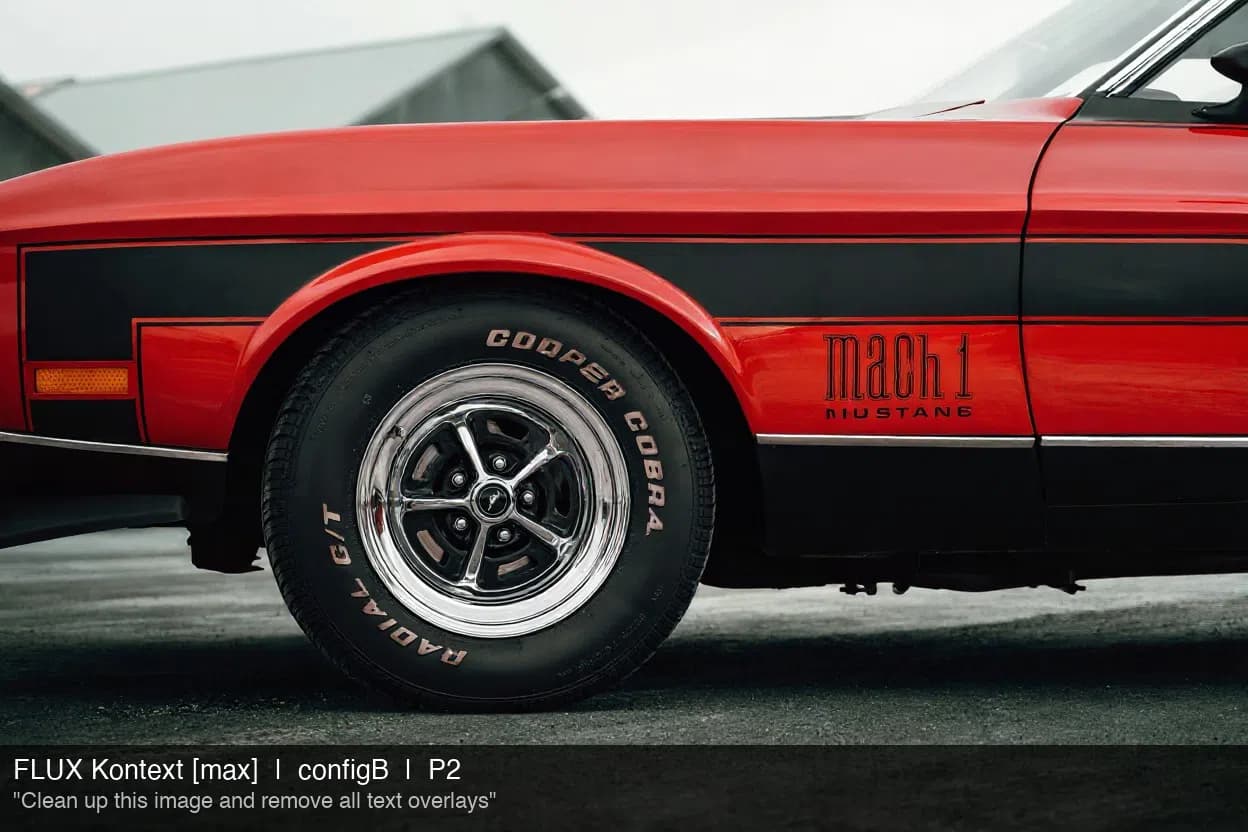 Mustang Mach 1 original vs AI watermark removal with garbled MUSTANG lettering — FLUX Kontext Max: watermark removed, badge damaged