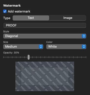 ImageCrush watermark settings with text and logo options, layout styles, opacity and size controls