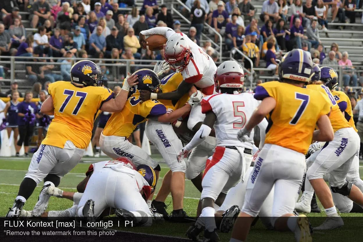 Sports photo with a heavy 60% diagonal watermark, and the same photo after AI removed it — After AI removal (FLUX Kontext Max)
