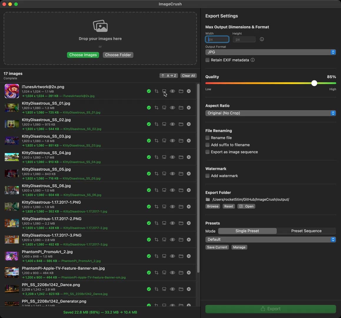 ImageCrush after exporting 17 images, showing per-file sizes and 22.8 MB saved (68%)